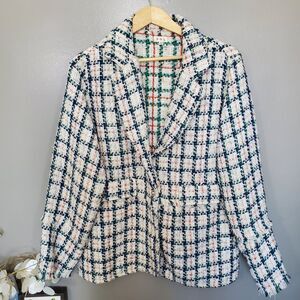 POL Tweed Jacket Womens Size Medium Ivory Navy Raw Edge Sequin Business Casual